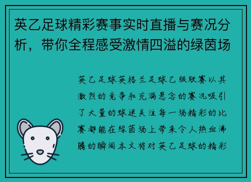 英乙足球精彩赛事实时直播与赛况分析，带你全程感受激情四溢的绿茵场